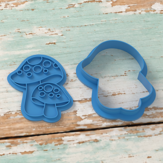 Mushroom outline cutter and matching detail stamp shown separately.