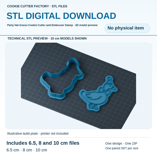 Party Hat Goose Cookie Cutter and Embosser Stamp - All Sizes STL Download | CCF_APPROVED_MEDIA_V1:2:5dc2a299f86979214651fe155943459028addb874ad27daaa4777f0b22e02141