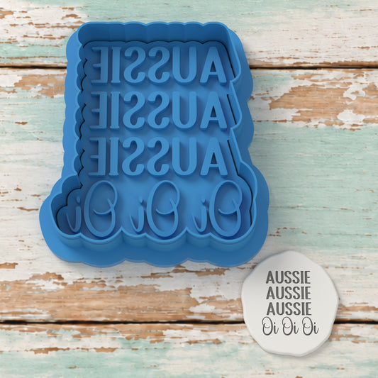 Aussie Aussie Aussie Oi Oi Oi Plaque cutter and embosser with a rendered fondant impression example.