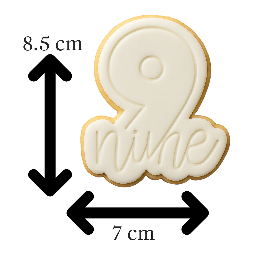 Script Nine Cookie Cutter and Embosser | 9th Birthday Cookie Stamp