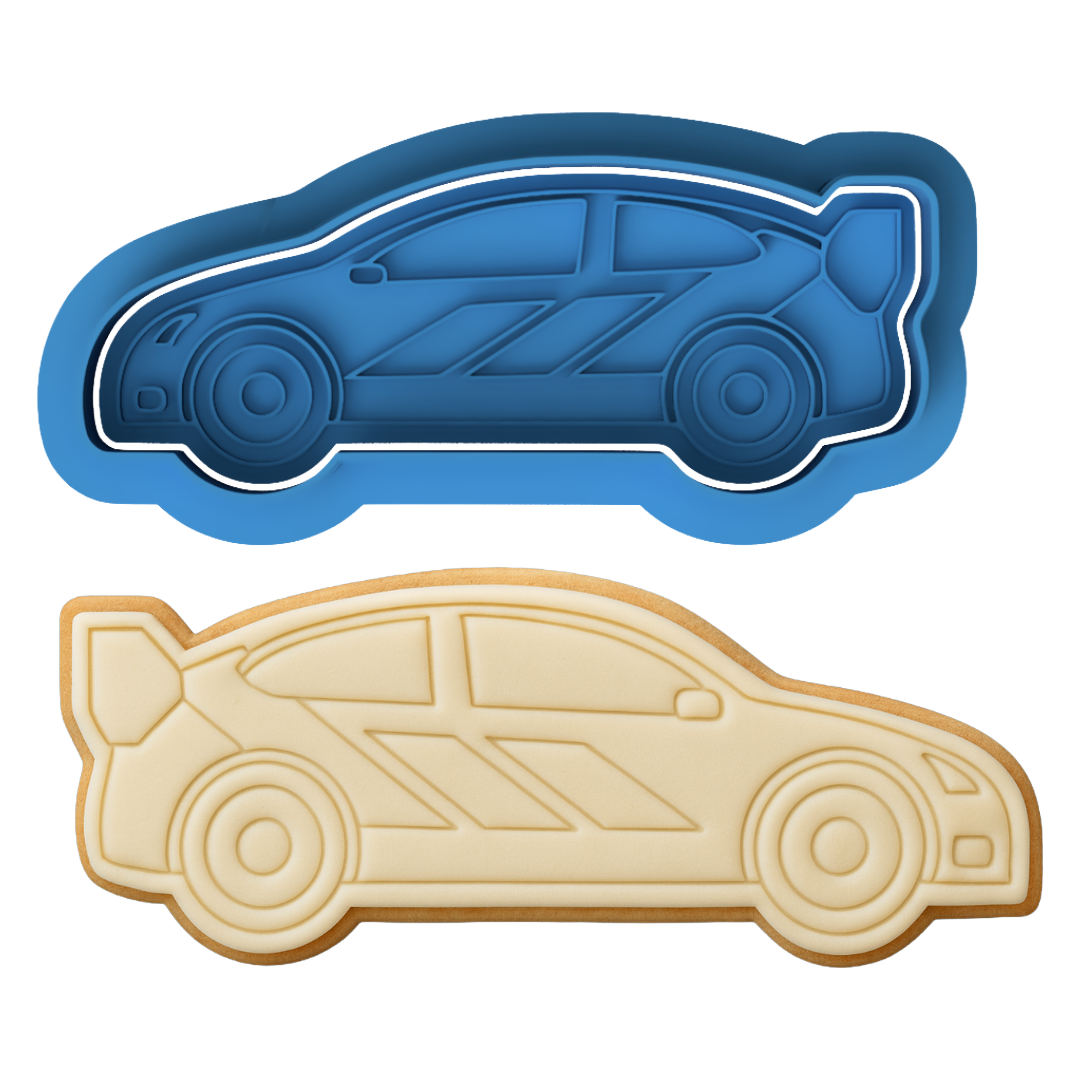 Rally Car Cookie Cutter with Embosser โ Race Car Design with Spoiler