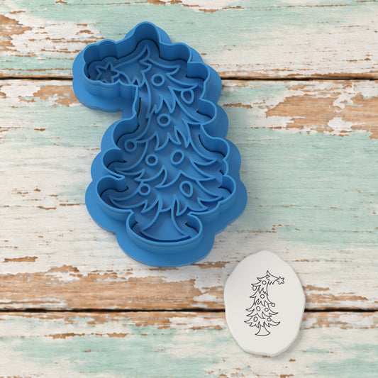 Whimsical Christmas Tree cutter and embosser with a rendered fondant impression example.