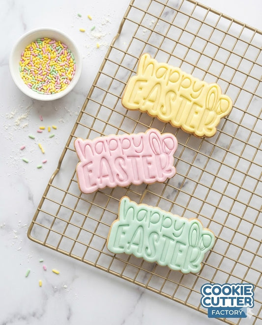 Happy Easter with Bunny Ears Cookie Cutter and Embosser Set – Holiday Baking Stamp