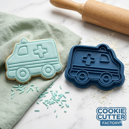 Cute Ambulance Cookie Cutter and Embosser Stamp Set | Emergency Vehicle, Medical, Doctor Theme