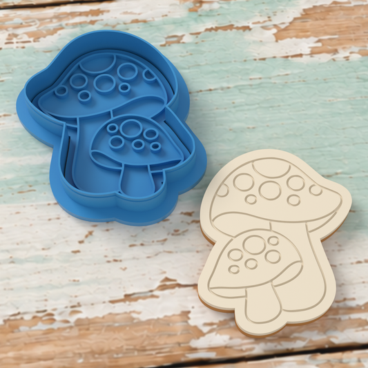 Mushroom cutter and matching stamp with a CAD-derived cookie impression illustration.