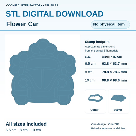 Flower Car Cookie Cutter & Embosser Stamp — All Sizes STL ZIP Download | CCF_APPROVED_MEDIA_V1:1:214c34f9feff70ce07f4b811caa21c5fb29ec871a5a9d9374d907b8f17049f23