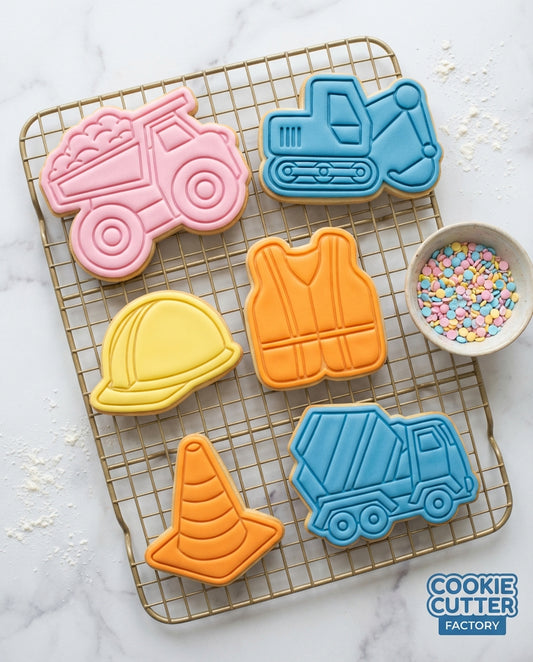 Construction Site Cookie Cutter and Embosser Set – 6 Piece Digger and Truck Birthday Baking Tools