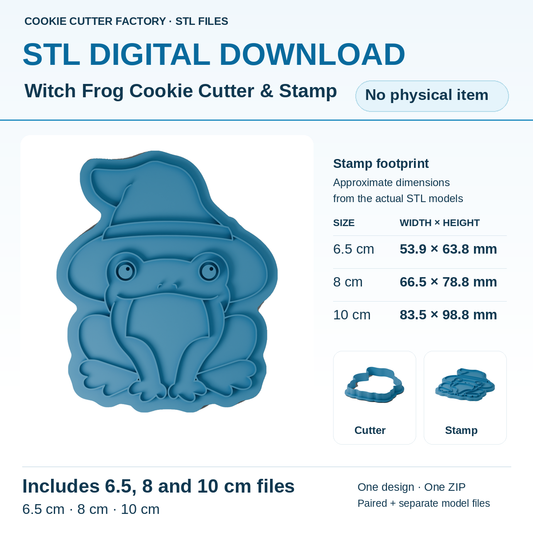 Witch Frog Cookie Cutter & Stamp — All Sizes STL ZIP Download | CCF_APPROVED_MEDIA_V1:1:29d8cd8d7a9034dcb78518bf9048ed4ea66ab76a64e16af9493c52b056b10638