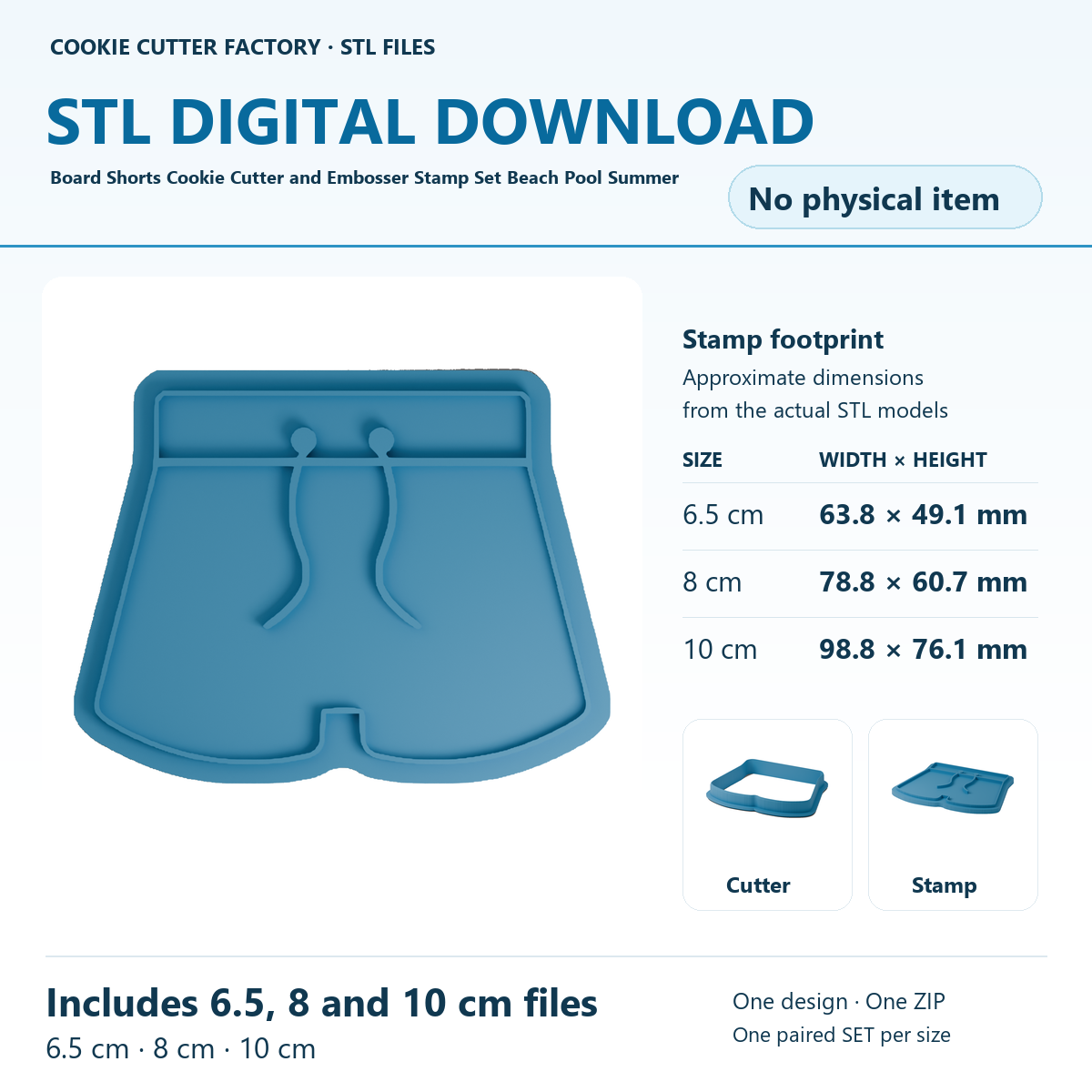 Board Shorts Cookie Cutter and Embosser Stamp Set Beach Pool Summer — All Sizes STL Download | CCF_APPROVED_MEDIA_V1:1:225907920baf402299e47b770033ea0f87980fd3bd2065a772326f41a264a257