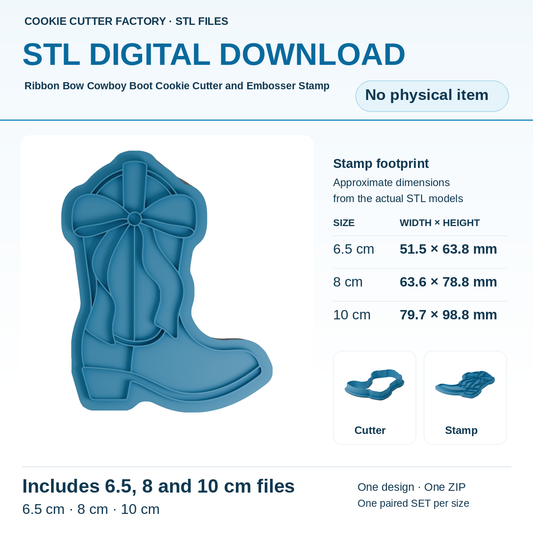 Ribbon Bow Cowboy Boot Cookie Cutter and Embosser Stamp - All Sizes STL Download | CCF_APPROVED_MEDIA_V1:1:388b408eeedce3068597a0e2583485962c0fa2cf7b434e9ab5e4dc5533829abb