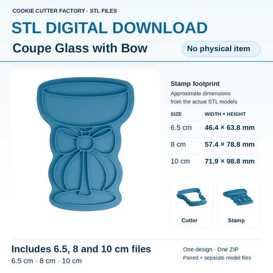 Coupe Glass with Tied Bow Cookie Cutter and Embosser Stamp - All Sizes STL Download | CCF_APPROVED_MEDIA_V1:1:fe4ab6c207263264cc9643ac0ff1e152ff3bb7805fc79c1591cce6d7a1e5499f