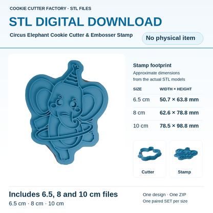Circus Elephant Cookie Cutter & Embosser Stamp — All Sizes STL Download | CCF_APPROVED_MEDIA_V1:1:1940cbf144c5f379829bed10f7716960eb2db03288d3990693766b6a9f60d435