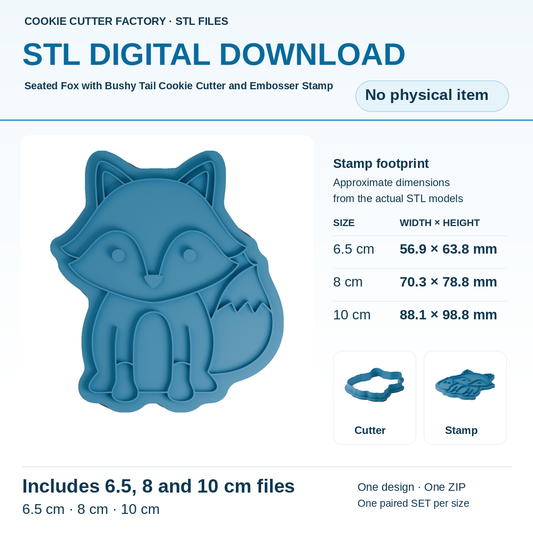 Seated Fox with Bushy Tail Cookie Cutter and Embosser Stamp - All Sizes STL Download | CCF_APPROVED_MEDIA_V1:1:2339563564a4aaa149d14032c877d2fd99114f285224b2f555d5592d852f8bec