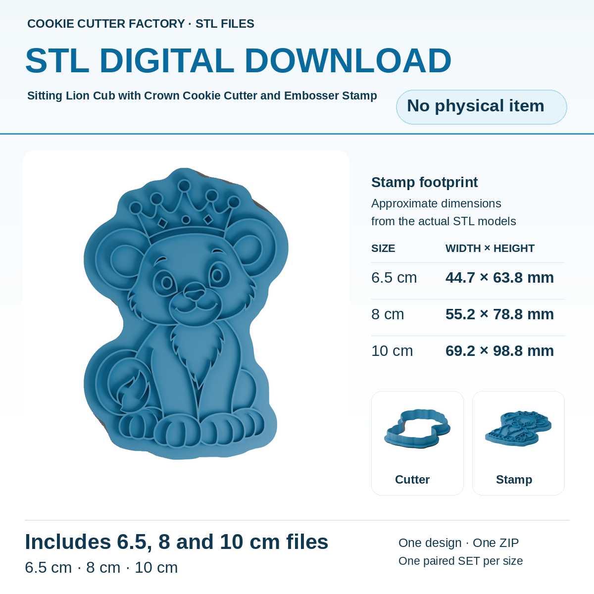 Sitting Lion Cub with Crown Cookie Cutter and Embosser Stamp - All Sizes STL Download | CCF_APPROVED_MEDIA_V1:1:f56b434e6ec1c792252b37df9ee9d6b7b7d81675a4684bfe8b867785c1c4e0a3