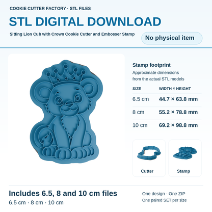 Sitting Lion Cub with Crown Cookie Cutter and Embosser Stamp - All Sizes STL Download | CCF_APPROVED_MEDIA_V1:1:f56b434e6ec1c792252b37df9ee9d6b7b7d81675a4684bfe8b867785c1c4e0a3