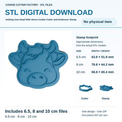 Smiling Cow Head With Horns Cookie Cutter and Embosser Stamp - All Sizes STL Download | CCF_APPROVED_MEDIA_V1:1:fed3ed294090fa876211e4d46e3cc8d4944465d17b7243323e2dd71fade1d133