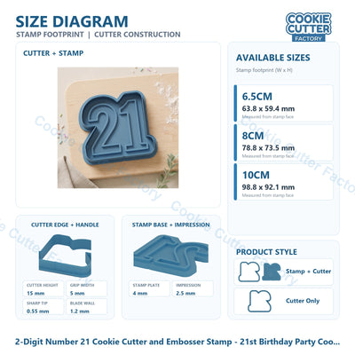 2-Digit Number 21 Cookie Cutter and Embosser Stamp - 21st Birthday Party Cookies
