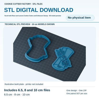 Scroll with Rose and Leaves Cookie Cutter and Embosser Stamp - All Sizes STL Download | CCF_APPROVED_MEDIA_V1:2:e7485a32582780c999e858bc386a5a7312bf2074cfd6e5b5fd6bd84026328169