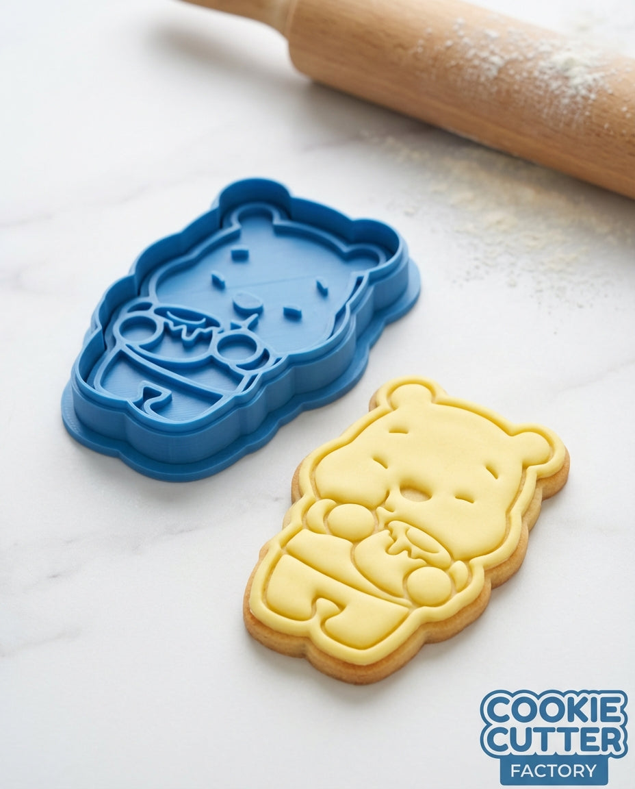 Pooh Style Bear with Honey Pot Cookie Cutter and Embosser Set – Classic Character Baking Tool