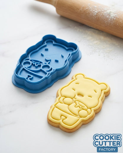 Pooh Style Bear with Honey Pot Cookie Cutter and Embosser Set – Classic Character Baking Tool