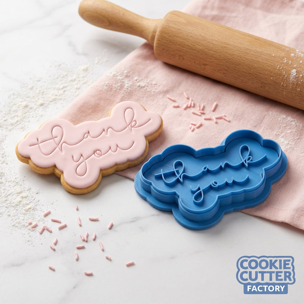 Thank You Script Cloud Cookie Cutter and Embosser Set – Elegant Appreciation Baking Tool