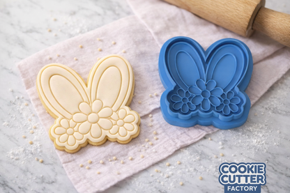 Floral Bunny Ears Cookie Cutter and Embosser Stamp | Easter Rabbit, Spring Flowers, Cute Animal