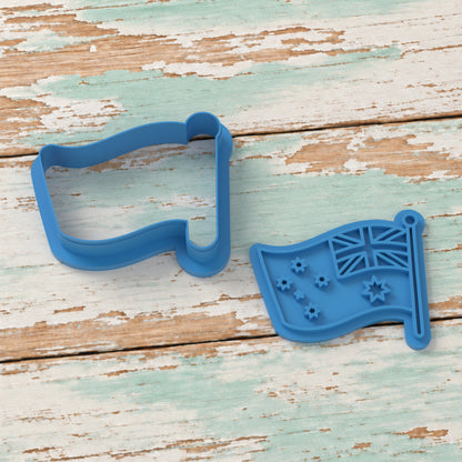 Australian Flag cookie cutter and matching embosser on coastal timber.