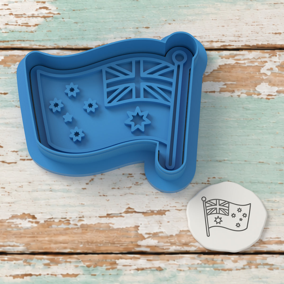 Australian Flag cutter and embosser with a rendered fondant impression example.
