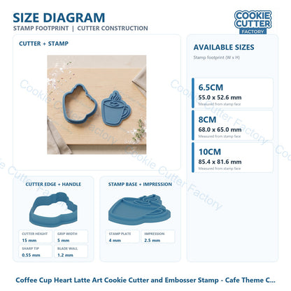 Coffee Cup Heart Latte Art Cookie Cutter and Embosser Stamp - Cafe Theme Cookies