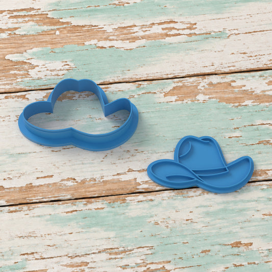 Cowboy Hat cookie cutter and matching embosser on coastal timber.