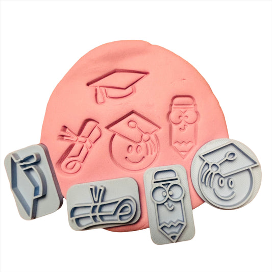 Set of 4 Mini Graduation Cookie Stamps - Pencil, Hat, Diploma, Face with Hat