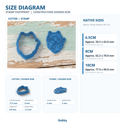 Gabby cookie cutter and matching stamp design.