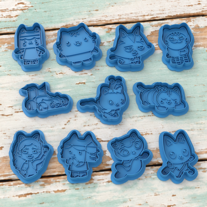 Full pictured range of Gabby’s Dollhouse cookie cutters and matching stamps. A named character option includes one cutter and one stamp; choose the Complete 11-character set for all designs.