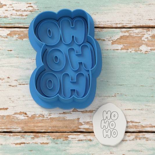 Ho Ho Ho cutter and embosser with a rendered fondant impression example.