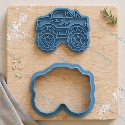 Monster Truck Cookie Cutter and Embosser Stamp Set | Kids Baking, Birthday Party, Big Rig Vehicle