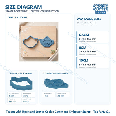 Teapot with Heart and Leaves Cookie Cutter and Embosser Stamp - Tea Party Cookies