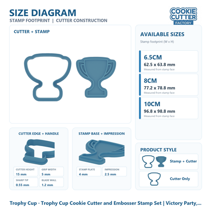 Trophy Cup Cookie Cutter and Embosser Stamp Set | Victory Party, Sports Championship, Winner Award