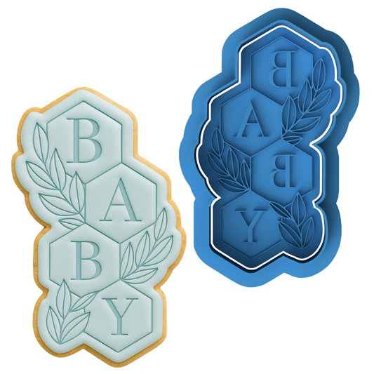 BABY Hexagon Plaque Cookie Cutter and Embosser Set | Baby Shower, Modern Foliage