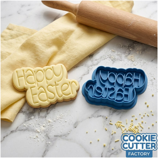 Happy Easter Text Cookie Cutter and Embosser Stamp | Fun Bubble Font, Spring Holiday, Cute Quote