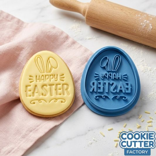 Happy Easter Egg with Bunny Ears Cookie Cutter and Embosser Stamp | Spring Holiday, Cute Rabbit Details