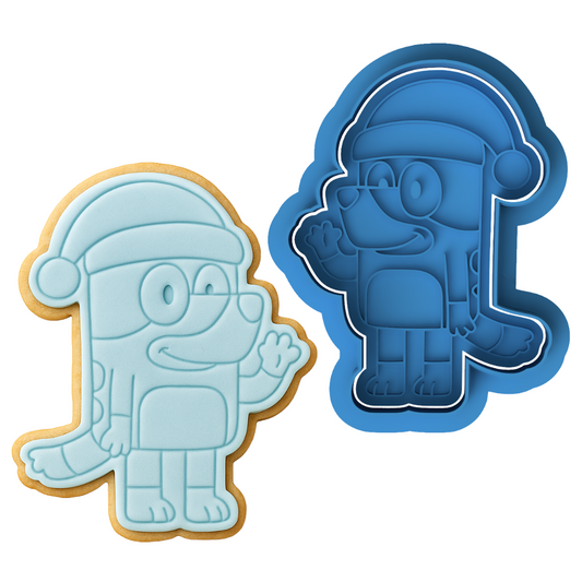 Waving Bluey Christmas Cookie Cutter and Embosser Stamp Set | Santa Hat, Holiday