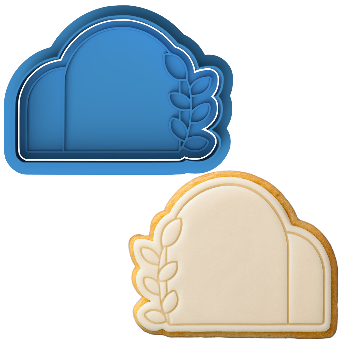 Double Arch Cookie Cutter with Leaf Embosser – Modern Arch Plaque with Botanical Detail