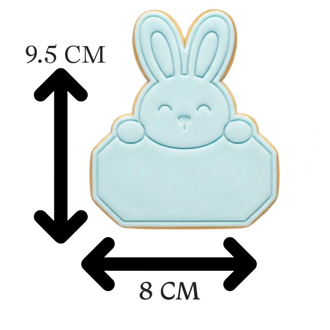 Cute Bunny Holding Blank Sign Cookie Cutter and Embosser Stamp | Personalised Easter Name Plaque, DIY Place Setting