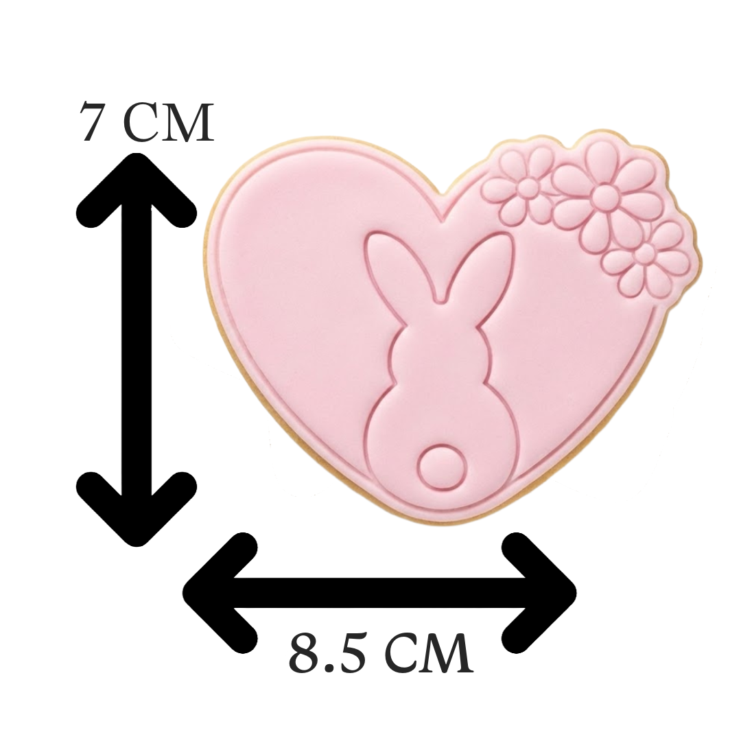 Bunny Heart with Flowers Cookie Cutter and Embosser Stamp | Easter Love, Rabbit Silhouette, Spring Cookie