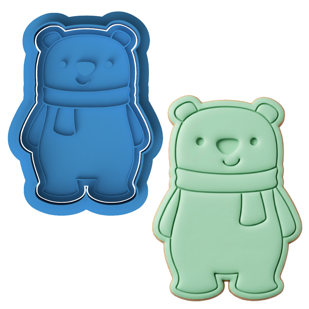 Cute Winter Bear Cookie Cutter and Embosser Stamp Set | Polar Bear, Scarf, Christmas