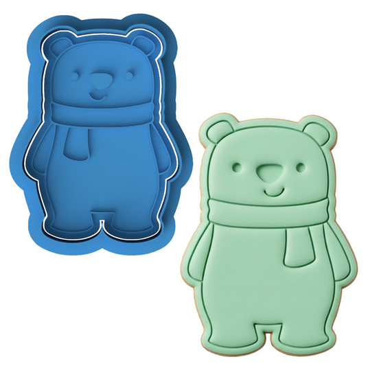 Cute Winter Bear Cookie Cutter and Embosser Stamp Set | Polar Bear, Scarf, Christmas