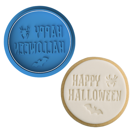Happy Halloween Round Cookie Cutter with Embosser – Spider & Bat Design