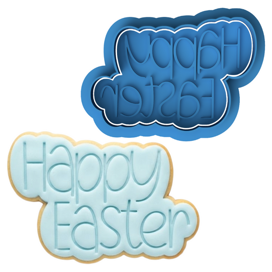Happy Easter Text Cookie Cutter and Embosser Stamp | Fun Bubble Font, Spring Holiday, Cute Quote