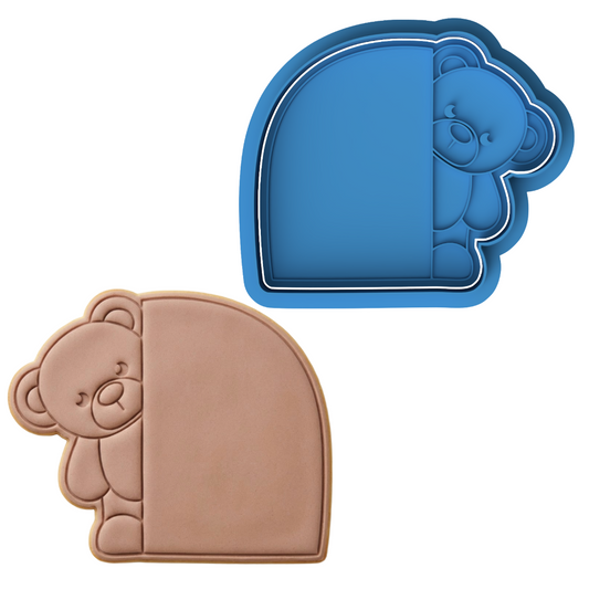 Peeking Teddy Bear Arch Cookie Cutter and Embosser Stamp | Name Plaque, Baby Shower, Custom Text Area