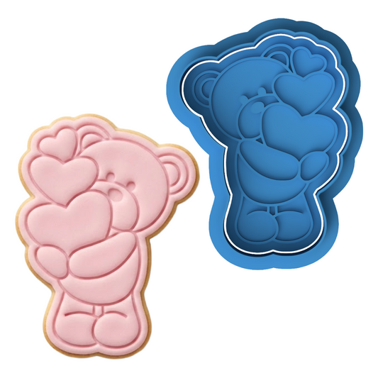 Cute Teddy Bear Holding Hearts Cookie Cutter and Embosser Set | Valentine's Day, Love Bear